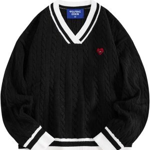 Aelfric Eden Black V-Neck Sweater with White Trim NWT